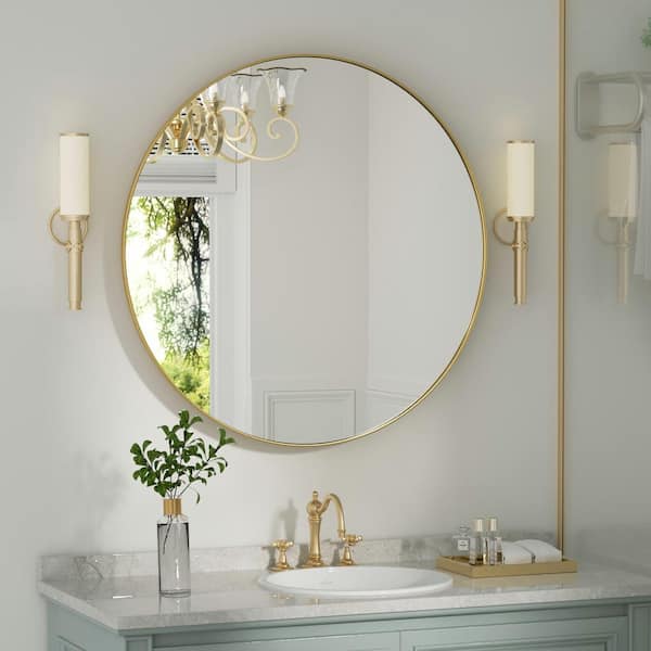 PAIHOME 30 in. W x 30 in. H Large Round Mirror Metal Framed Wall Mirrors Bathroom Vanity Mirror Decorative Mirror in Gold
