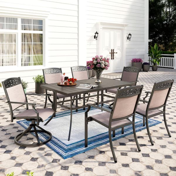 PHI VILLA 7-Piece Sling Outdoor Dining Set with 2 Swivel Rockers Chairs