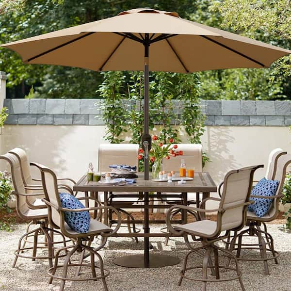 9 ft. Patio Umbrella Push-Button Tilt and Crank-UV Resistant 8 Fiberglass Ribs Heavy-Duty for Pool, Deck, Garden in Tan