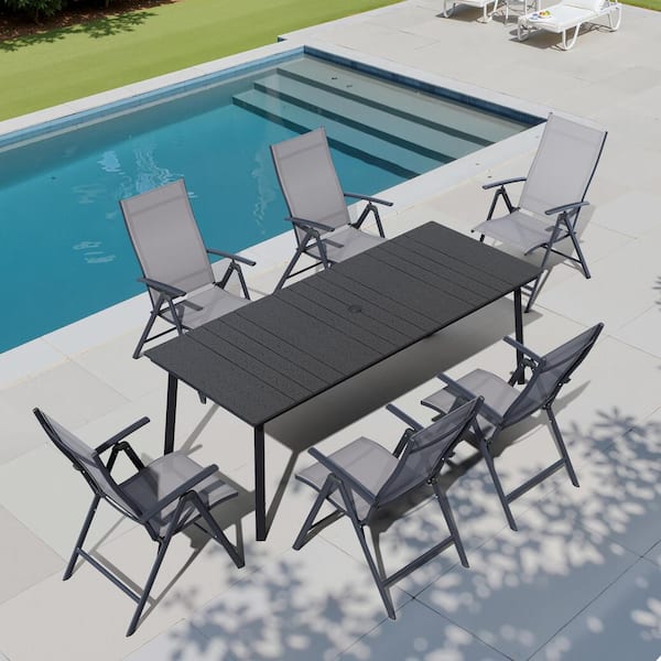 7-Piece 80 in. Black Metal Wood-Like Patio Outdoor Dining Set with Umbrella Hole, Gray Adjustable Back Chair