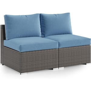 Wicker Outdoor Loveseat with Blue Cushions, 2 Piece Patio Armless Rattan Sofa, 2 Seat Couch for Gardenand Backyard
