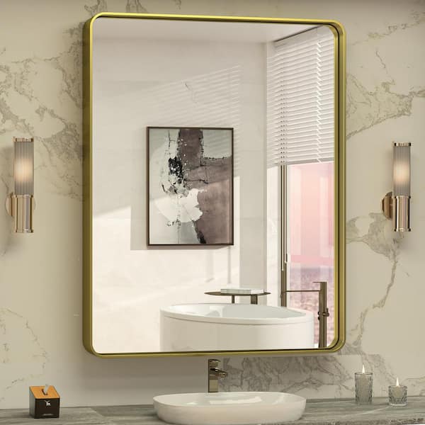 TETOTE 30 in. W x 36 in. H Rectangular Metal Framed Wall Mount Bathroom Vanity Mirror in Gold