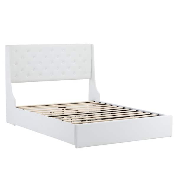 White Upholstered Metal Frame Queen Size Platform Bed with 4 Drawers, Wingback Headboard with Button Tufted Design