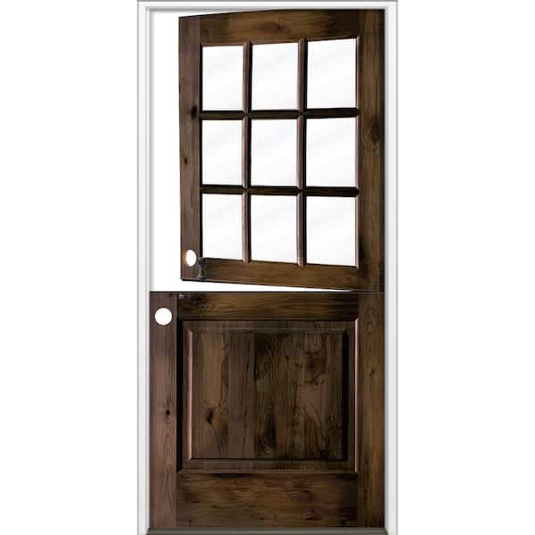 32 in. x 80 in. Farmhouse Knotty Alder Right-Hand/Inswing 9 Lite Clear Glass Black Stain Dutch Wood Prehung Front Door