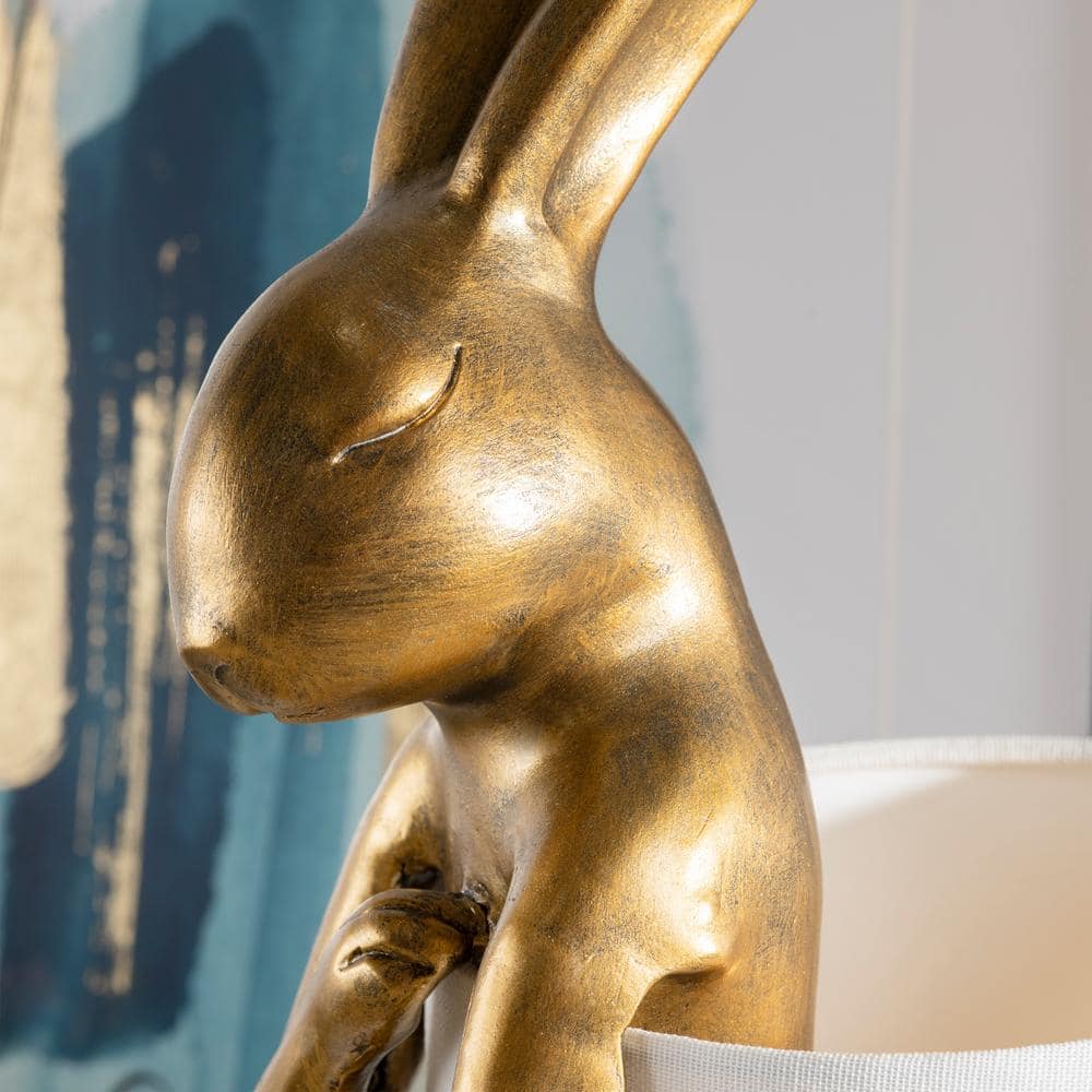 Charming Gold Rabbit Table Lamp with White Linen Shade