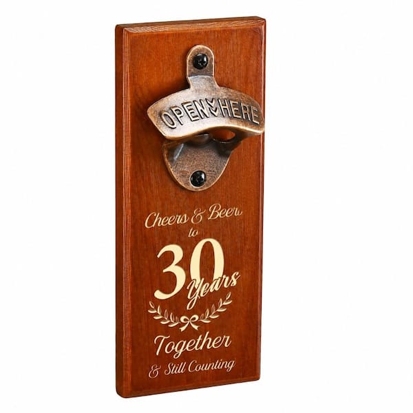 30th Anniversary Solid Wood Wall-Mounted Bottle Opener with Hidden Magnet Cap Catcher Engraved Gift Years
