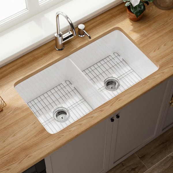 32 in. Undermount Kitchen Sink Double Bowl White Fireclay Kitchen Sink Drop In with Custom Bottom Grid and Sink Strainer
