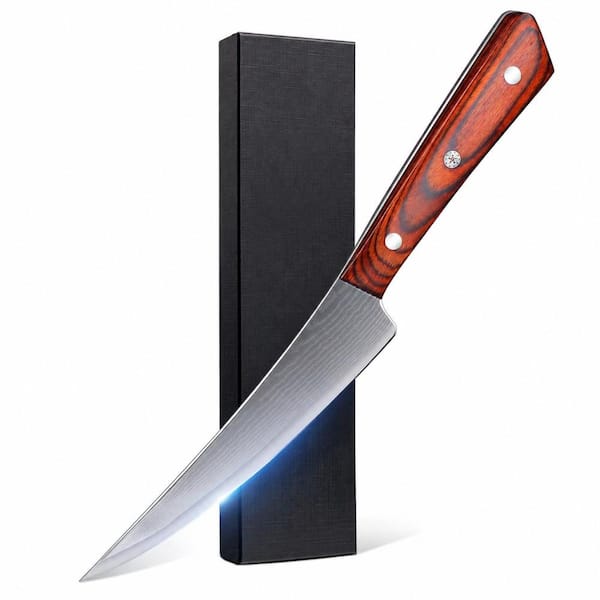 5.5 in. Full Tang 66-Layer Damascus Steel Curved Boning Knife with Ergonomic Rosewood Handle and Gift Box