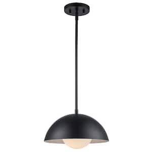 Maureen 12 in. 1-Light Black Pendant Light Fixture with Metal Dome and White Opal Glass Shade