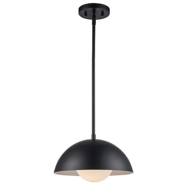 Bel Air Lighting Maureen 12 in. 1-Light Black Pendant Light Fixture with Metal Dome and White Opal Glass Shade