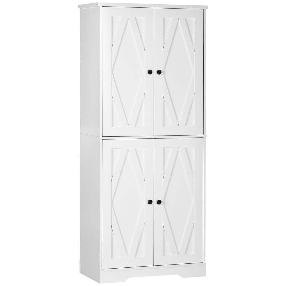 HOMCOM White Freestanding Kitchen Pantry, Farmhouse 4-Door Storage Cabinet with 4-Tiers and 2-Adjustable Shelves