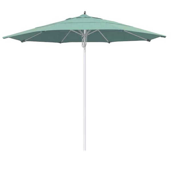 California Umbrella 11 ft. Silver Aluminum Commercial Fiberglass Ribs Market Patio Umbrella and Pulley Lift in Spa Sunbrella