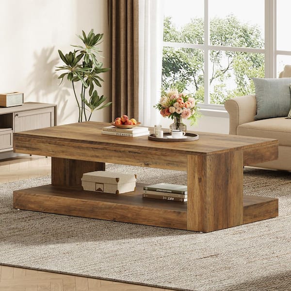 Allan 47.24 in. Brown Rectangle Wood Coffee Table with 2-Tier Storage, Farmhouse Center Tea Table Bedroom Living Room