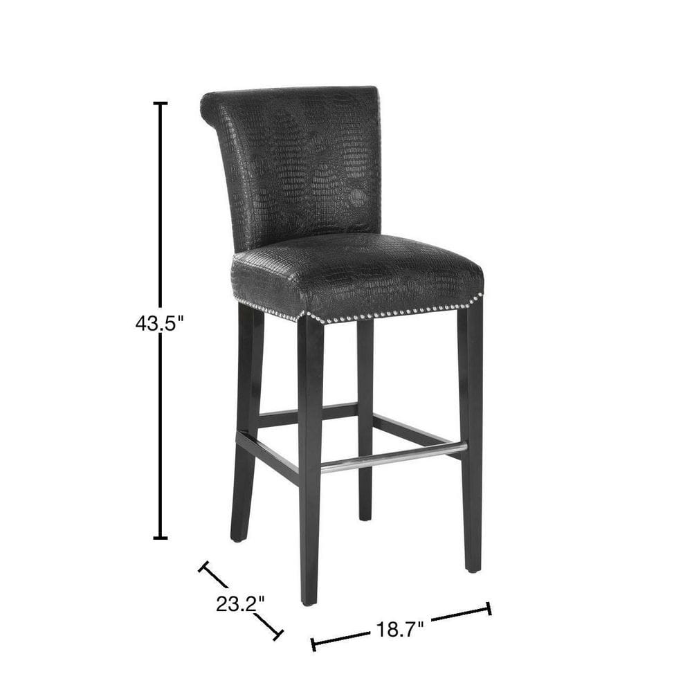Seth Transitional Black Crocodile Leather Bar Stool with Silver Nailhead