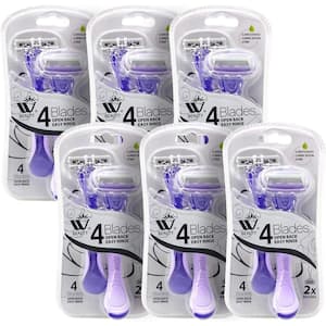 Women Razors, Extra Smooth 4-Blades, Infused with Vitamin E, 6 Pack (12 Pieces)
