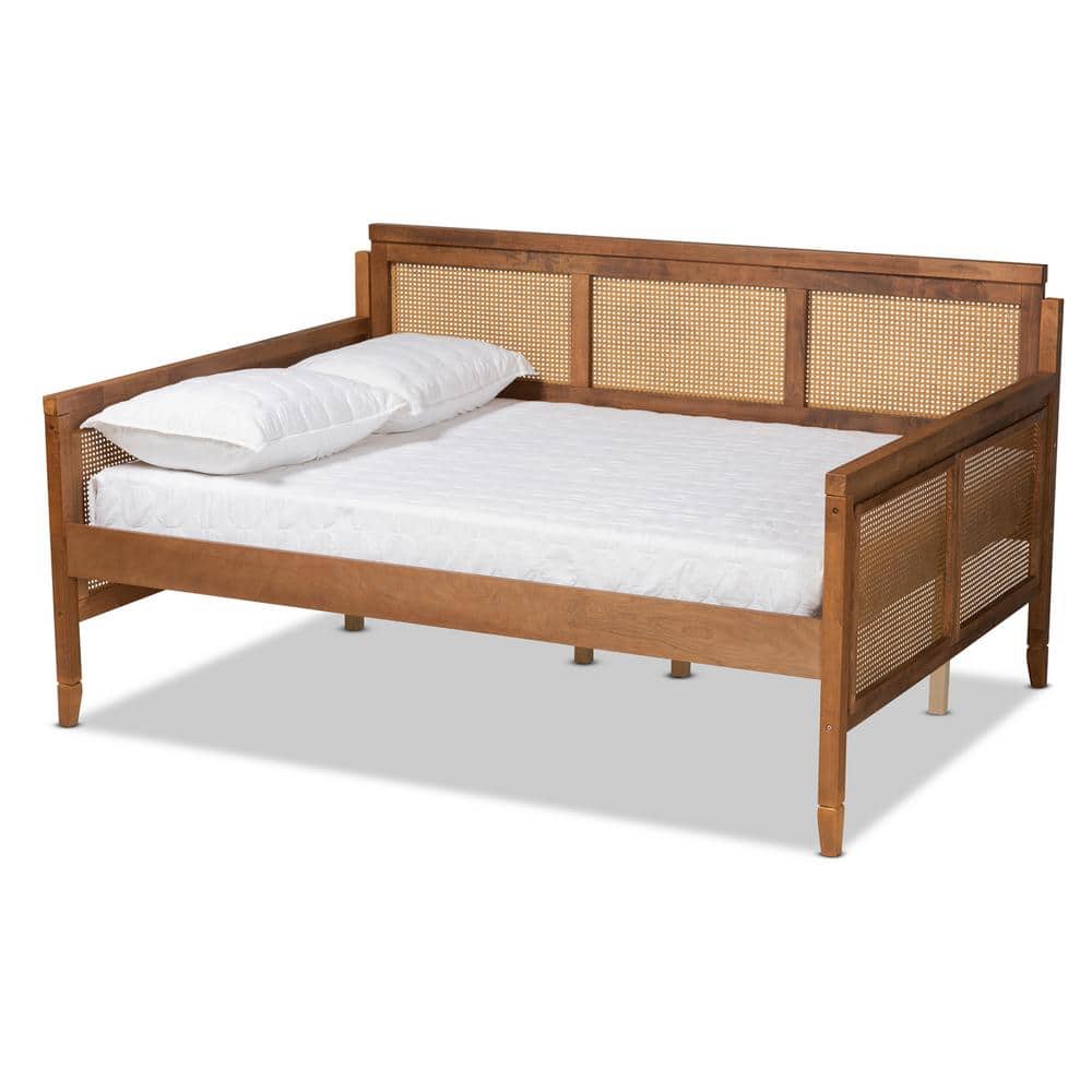 Full Size Walnut Wood Tufted Upholstered Daybed with Slats