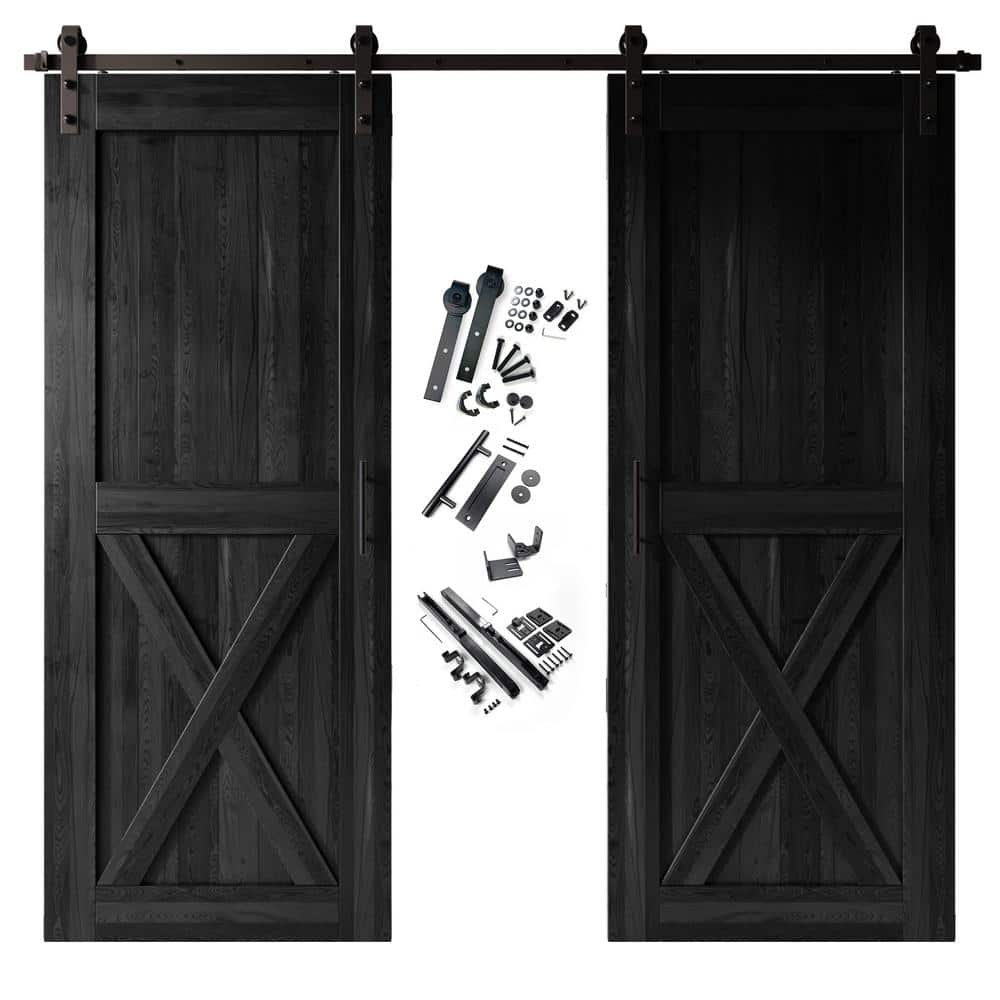 32 in. x 84 in. X-Frame Black Double Pine Wood Interior Sliding Barn Door with Hardware Kit, Non-Bypass price history on PriceWatchPro