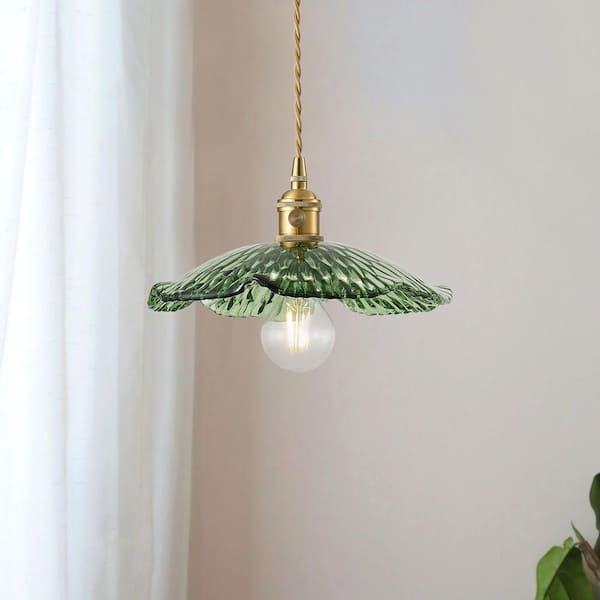 9.84 in. 40-Watt 1-Light Vintage Green Mini Pendant Light Lotus Leaf Adjustable Hanging Light with Green Glass Shade