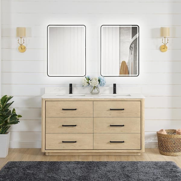 ROSWELL Porto 60 in. W x 22 in. D x 33.8 in. H Double Sink Bath Vanity in Natural Oak with White Quartz Stone Top