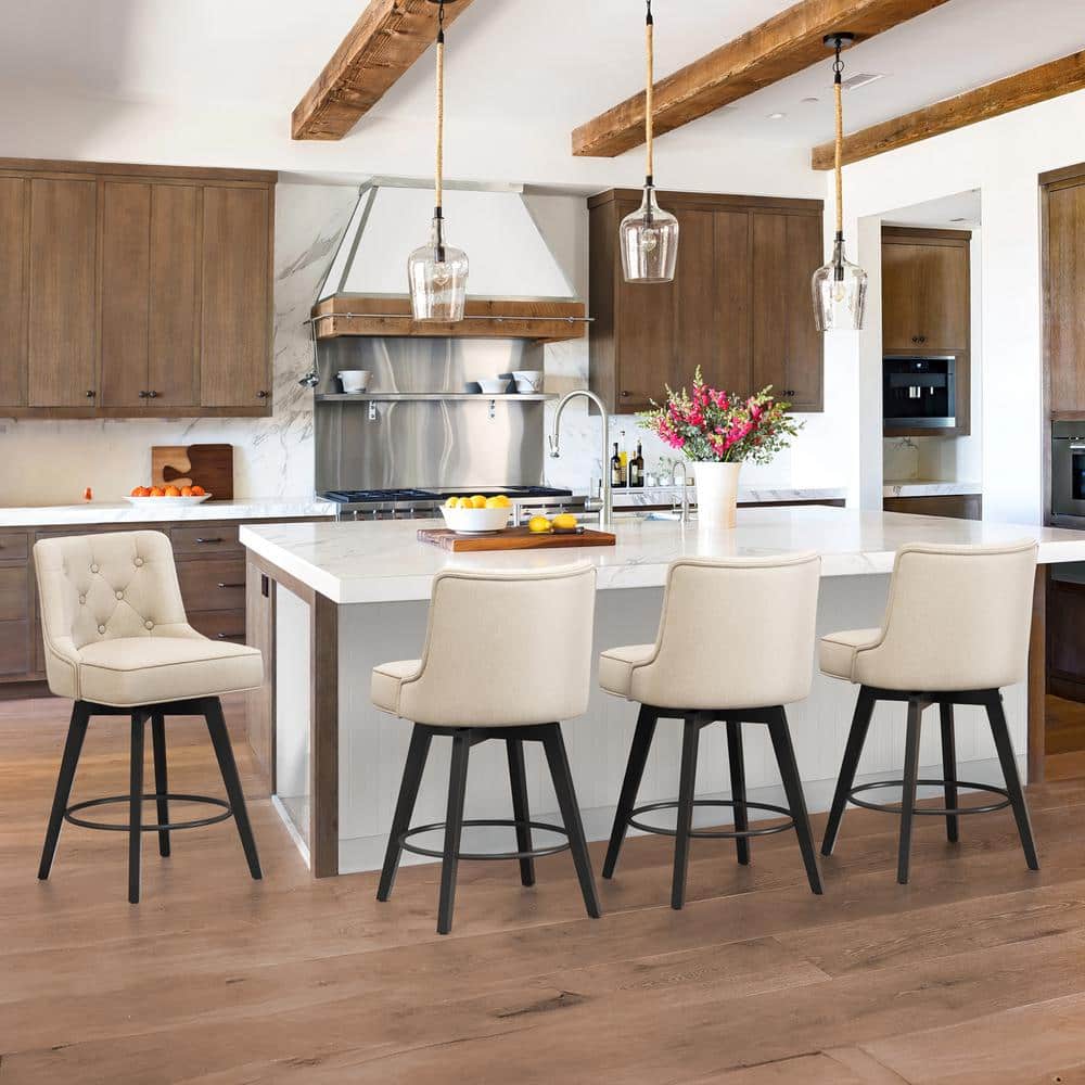 Beige Linen Upholstered Swivel Counter Stool with Solid Wood Frame
