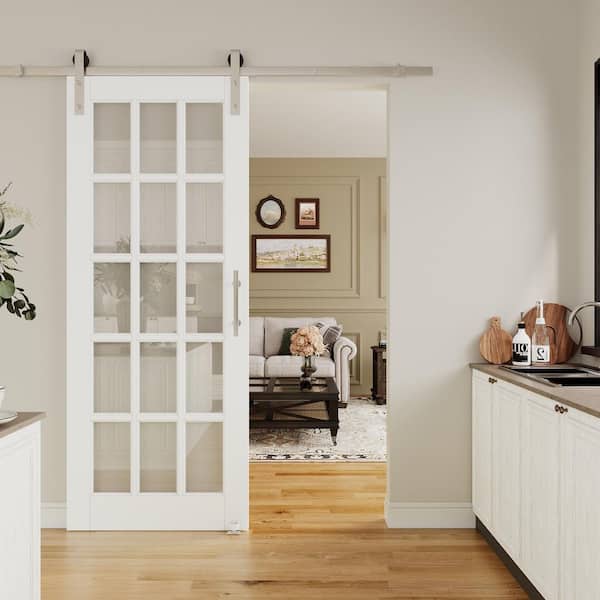 32 in. x 80 in. 15-Lite Tempered Clear Glass White Primed MDF Sliding Barn Door with Hardware Kit Nickel Plated