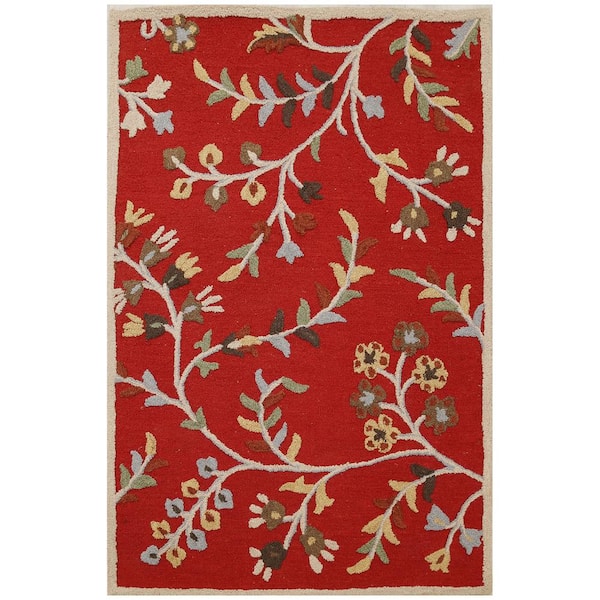 Ottomanson Agra Collection Floral Design 5 ft. x 8 ft. Indoor Handmade Wool Area Rug, 5 ft. x 7 ft. 6 in., Red