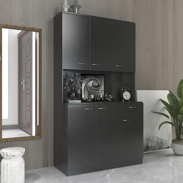 70.87 in. Tall Black Cabinet with 6-Doors 1-Open Shelves and 1-Drawer