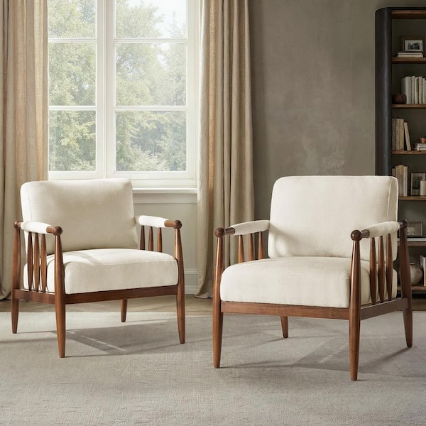 Luminea Beige Modern Polyester Arm Chair with Solid Wood Frame Set of 2