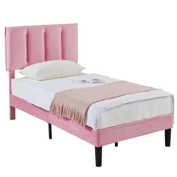 VECELO Upholstered Bedframe, Pink Metal Frame Twin Platform Bed With ...