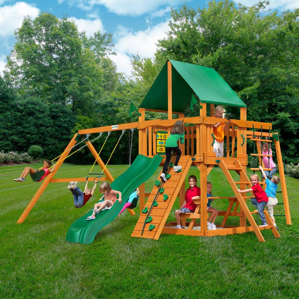 Gorilla Playsets Avalon Wood Swing Set with Vinyl Canopy and Trapeze Arm, for Ages 3-11, 01-1079