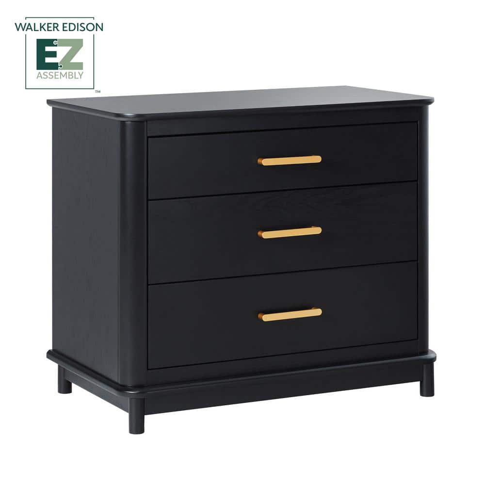 Black Solid Wood 3-Drawer Nightstand with Gold Handles