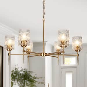 Modern Plated Brass Wagon Wheel Large Chandelier with Textured Glass Shades 6-Light Living Dining Cricle Hanging Pendant