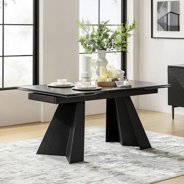 JAYDEN CREATION Lorenz Modern Black Marble 94 in. Double Pedestal Extendable Dining Table Seats-6