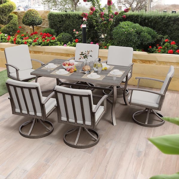 EGEIROSLIFE Brown Swivel Rockers Chairs 7-Piece Aluminum Outdoor Dining Set with Rectangle Table and Gray Cushions