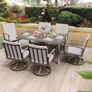 Brown Swivel Rockers Chairs 7-Piece Aluminum Outdoor Dining Set with Rectangle Table and Gray Cushions