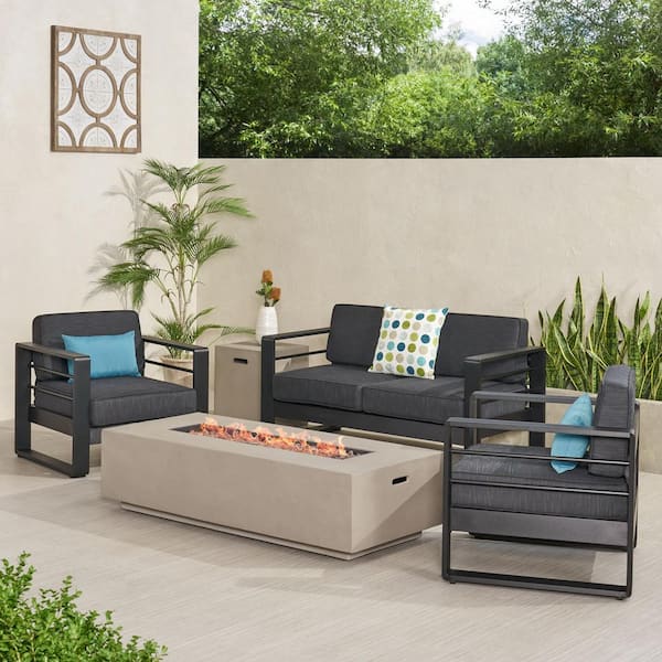 Noble House Maya Bay Black 5-Piece Aluminum Outdoor Patio Fire Pit Set with Black Cushion and Light Grey Fire Pit