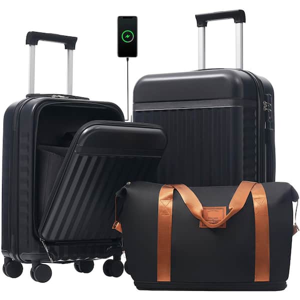 3-Piece Black ABS Plastic Front Opening Expandable Spinner Luggage Set with USB Port and TSA Lock