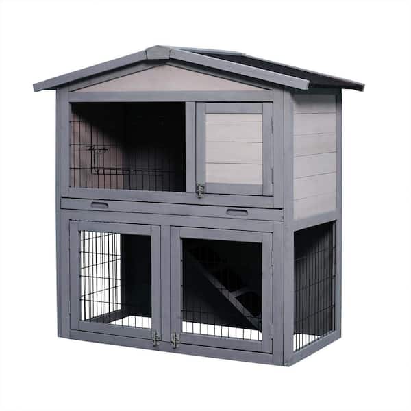 Foobrues Wooden Outdoor Rabbit Hutch with Running Cage Removable Tray Ramp 2 Story Design in Gray