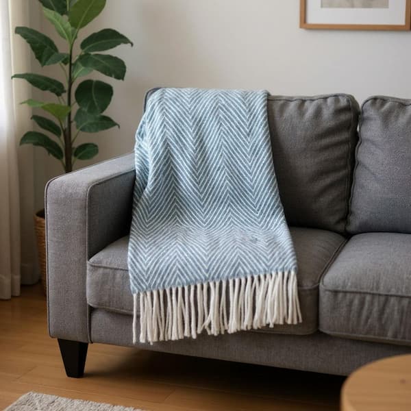 Blue Herringbone Cotton Blend Throw Blanket