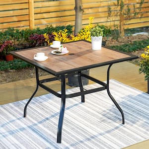 Black Square Metal 1.57 in. Patio Outdoor Dining Table with Umbrella Hole and Wood-Look Tabletop
