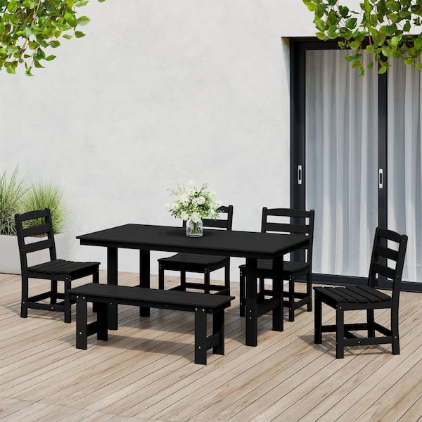 Shoreside 6-Piece All Weather HDPE Plastic Outdoor Patio Dining Set w/ Side Chairs and Bench, Black