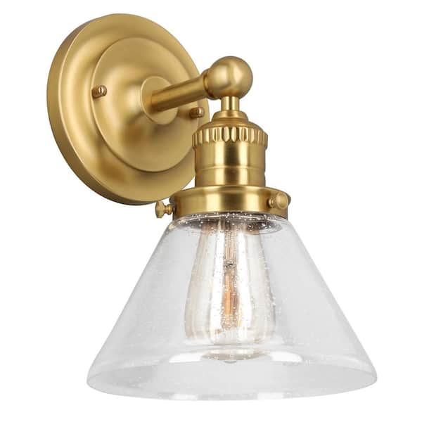 Cavell 7.8 in. 1-Light Satin Gold Wall Sconce with Clear Seedy Glass Shades