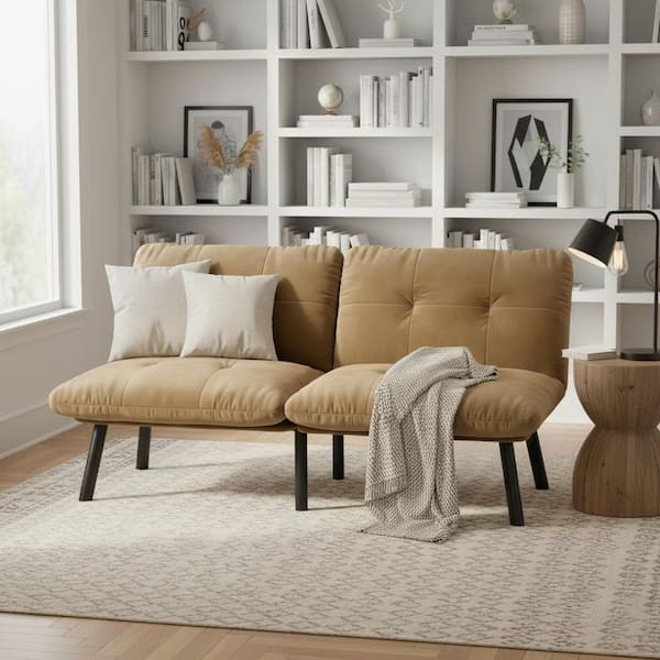 QYSXXB 63 in. Rolled Arm Velvet Rectangle Sofa with Contemporary 2-Seater and Adjustable Backrest in Caramel Brown