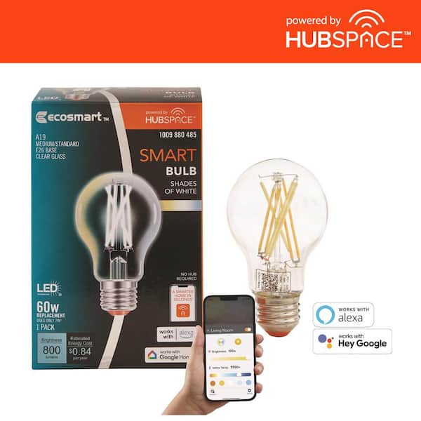 EcoSmart 60-Watt Equivalent Smart A19 Clear Tunable White CEC LED Light Bulb with Voice Control (1-Bulb) Powered by Hubspace