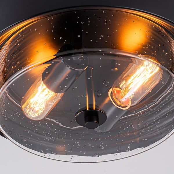13 in. 2-Light Drum Matte Black Flush Mount with Seeded Glass for Foyer Kitchen Dinning Room