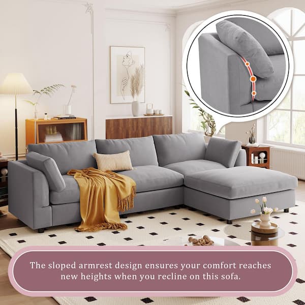 Harper Bright Designs 113 in. Sloped Arm Polyester Upholstery L Shaped Modern Sectional Sofa in Gray with Ottoman and Pillows WYT138AAE The Home Depot