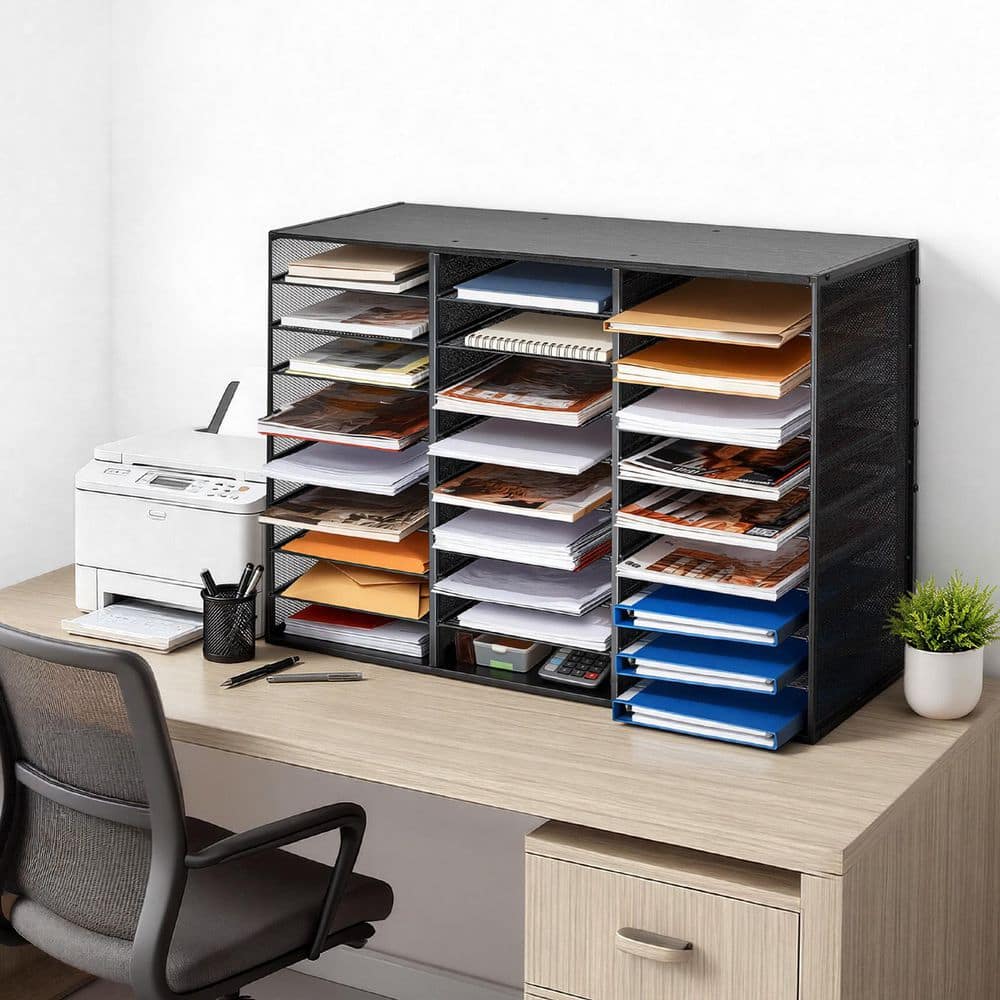 Black 27-Compartment Metal Literature Organizer with Removable Wire Mesh, Office Mail Sorter Featuring Wooden Top price history on PriceWatchPro