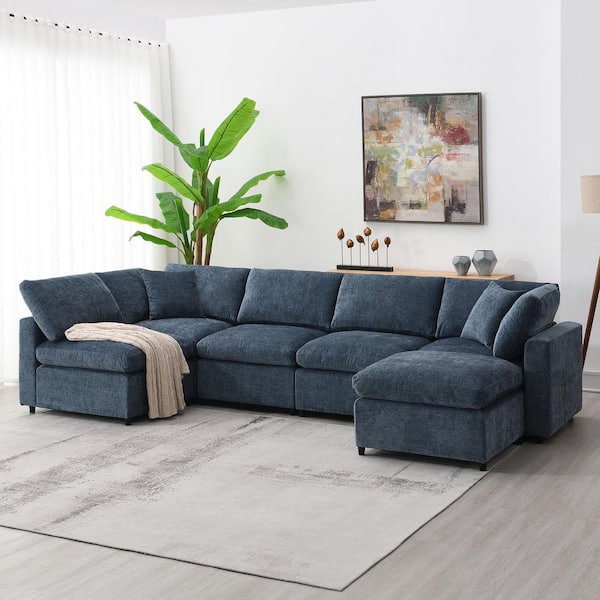 Harper & Bright Designs Free Combination 130 in. Chenille Modular Modern Sectional Sofa in Dark Blue with Ottoman, 2 Pillows
