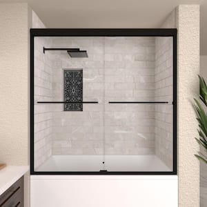 60 in. W. x 56 in. H Sliding Semi Frameless Tub Door in Matte Black Finish with Clear Glass