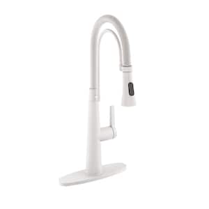 Single Handle Spring Neck Standard Kitchen Faucet with Dual-Function Sprayhead and Deck Plate, in Matte White